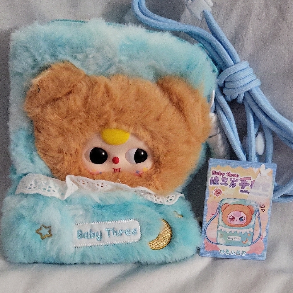 Baby Three Cute Blue and Brown Plush Travel Phone Bag